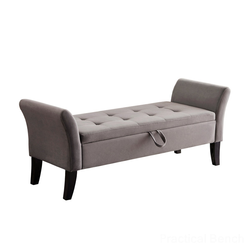 Velvet Upholstered Storage Bench, Gray