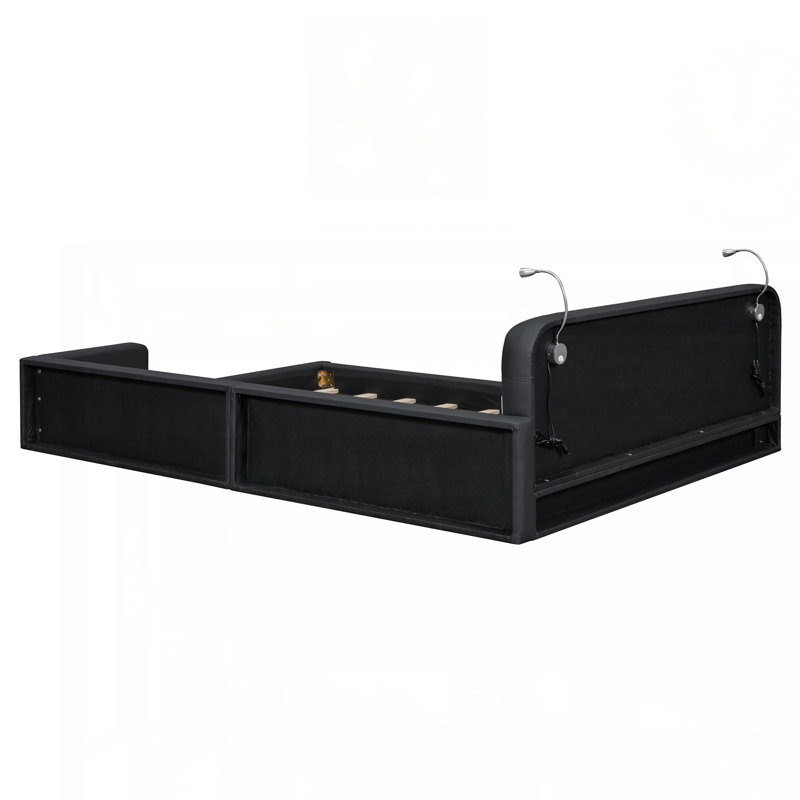 Grand lit plateforme tapissier avec 2 lampes de lecture, noir, Noir
