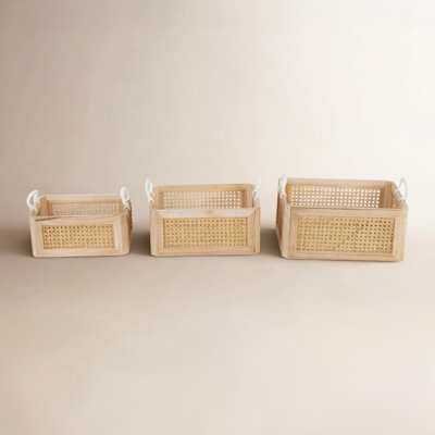 Cole And Grey Rattan Woven Decorative And Functional Storage Basket With White Rope Handles