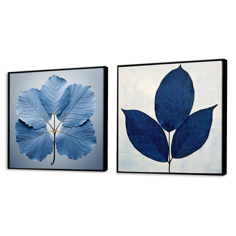 Feuilles bleues - Silhouette saphir - ensemble de 2 feuilles carrées, Cadre flottant noir, H 16 po x l 33 po
