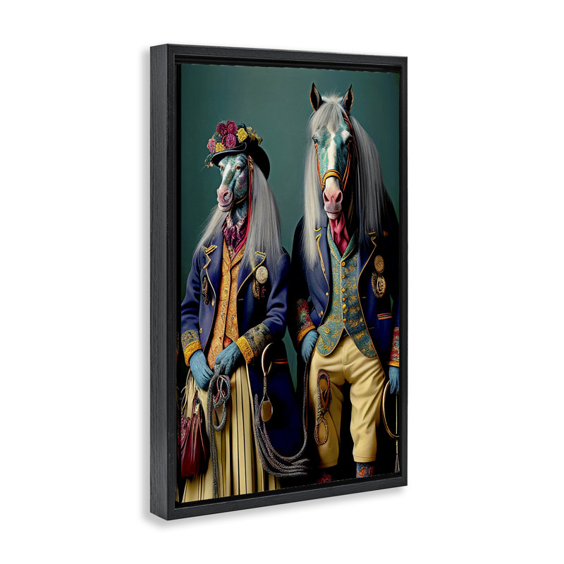 «Old Fashioned Horses», toile flottante encadrée grise par Sasha, Cadre flottant noir de jais, H 31 po x l 21 po