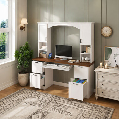 ON-TREND Farmhouse Arched Computer Desk with Hutch, Mid-Century  Home Office Workstation with Charging Station & Keyboard Tray, All-in-One Writing Desk with File Drawer for Study, Office,