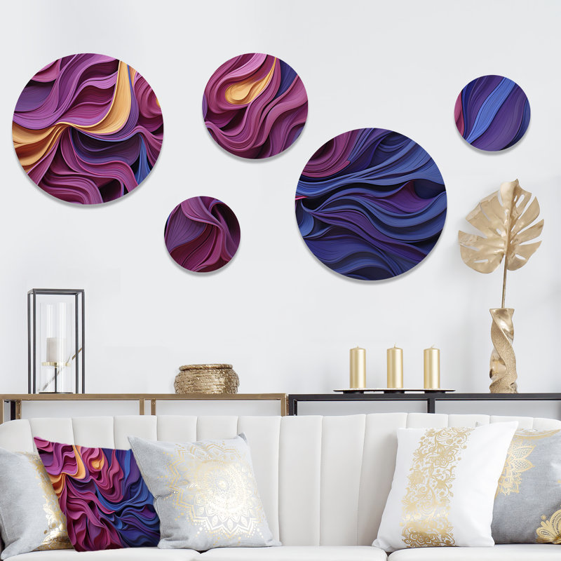 Bleu et mauve Fab Waves - ensemble d'art mural rond géométrique de 5