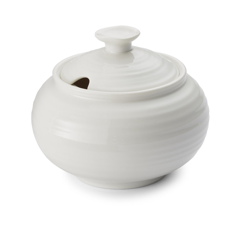 White Porcelain Ripple Design Covered Sugar Bowl