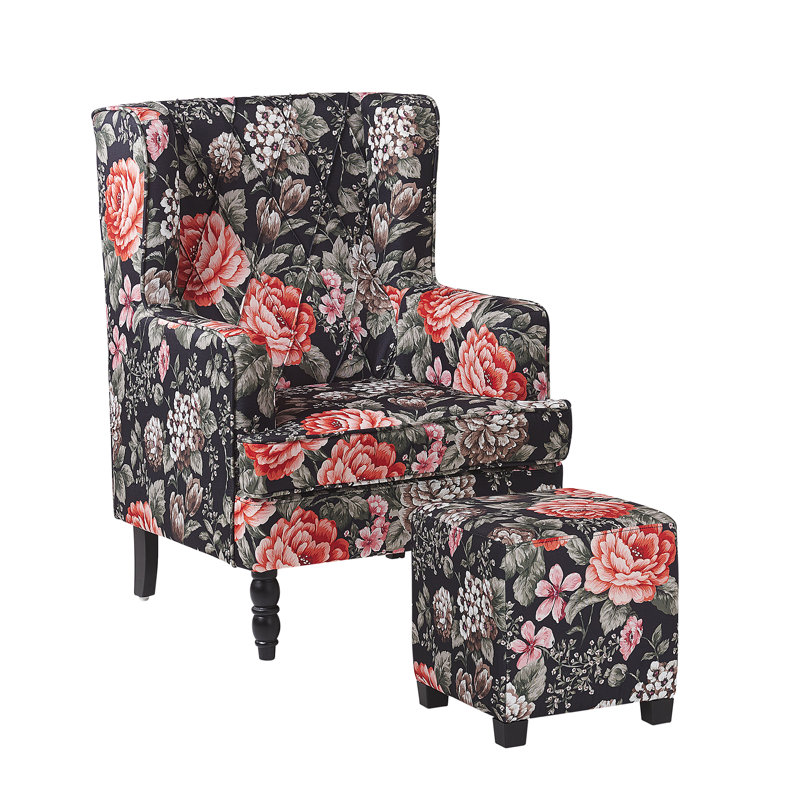 Richburg Upholstered Wingback Chair with Footstool, Floral Pattern