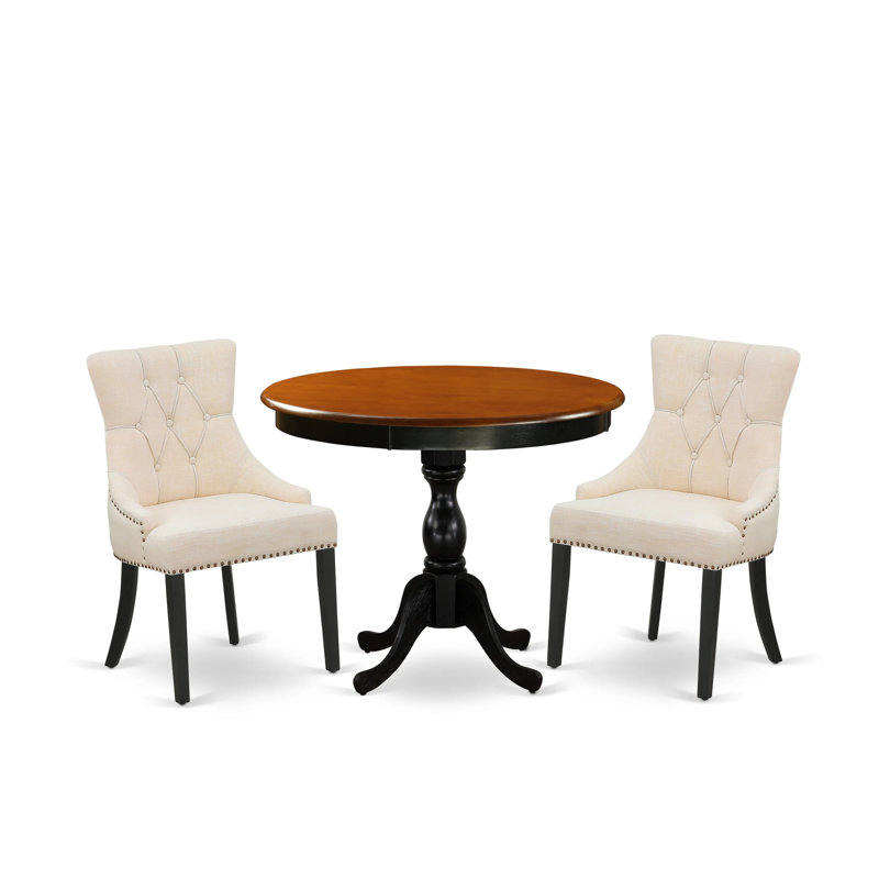 L'ensemble de table de salle à manger 3 pièces se compose d'une table de cuisine et de 2 chaises rembourrées en tissu de lin beige clair avec dossier capitonné - Finition noire