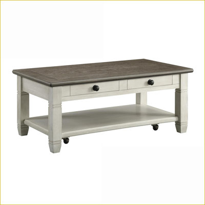 Rosy Brown & amp; Table basse de style champêtre blanc antique pour le salon avec 2 tiroirs, tablette et amp; Roulettes