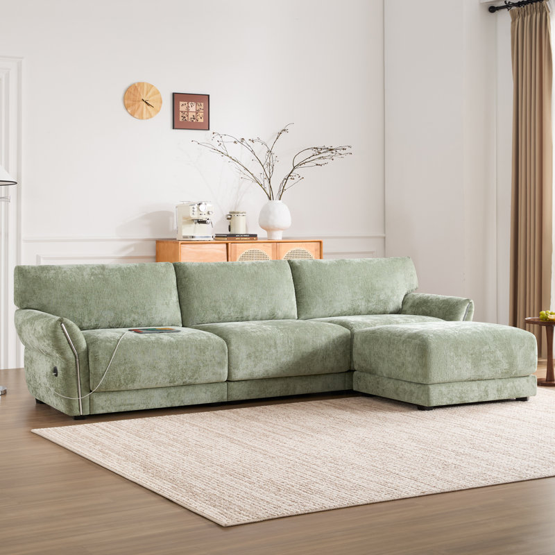 110" Petal Armrest Sectional Sofa, Extra-Wide Seat, USB And Type-C Charger, Adjust Ottoman &Wood Frame, Green