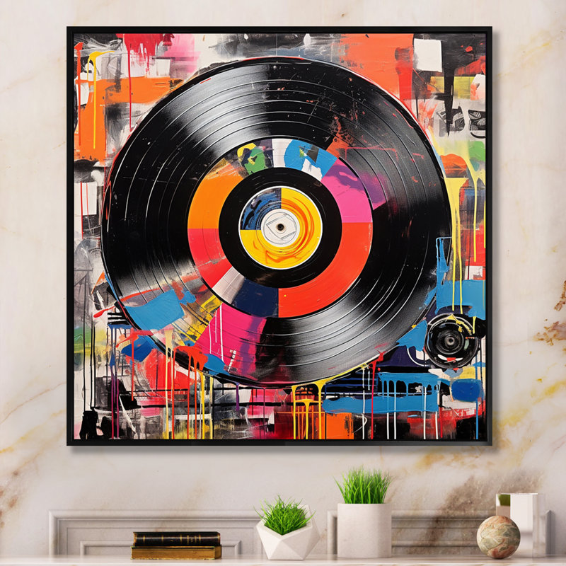 Coloré rétro vinyle III - Disques vinyle, art mural, Cadre flottant noir, H 30 po x l 30 po x P 1 po
