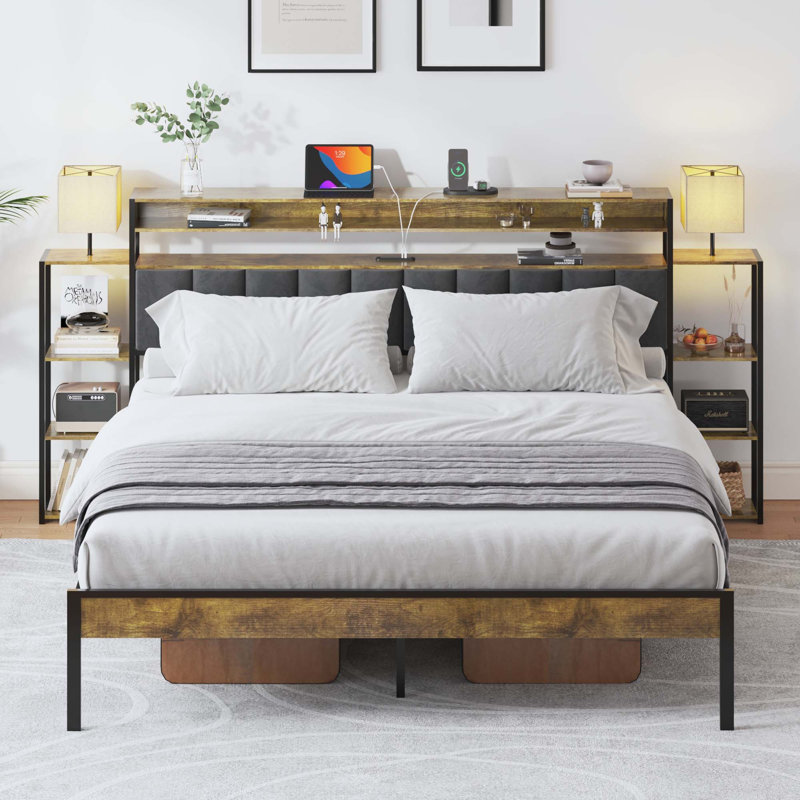 Base de lit, rangement, plateforme, tête de lit, tête de lit en velours avec tablettes, King