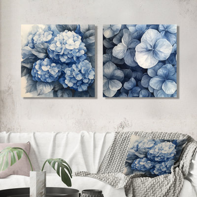 Hortensia grappe avec pétales bleus I - art mural hortensia - art mural traditionnel sur toile 2 pièces