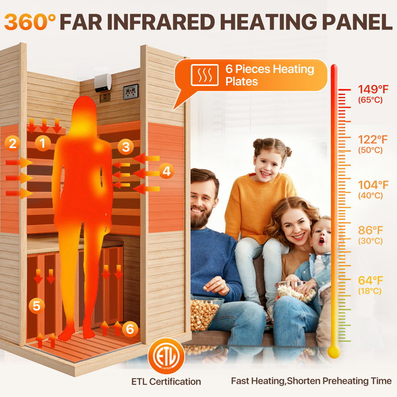 Sauna infrarouge FAR à 1 personne compatible avec la pruche du Canada avec 6 chauffages à faible intensité électromagnétique et éclairage de chromothérapie