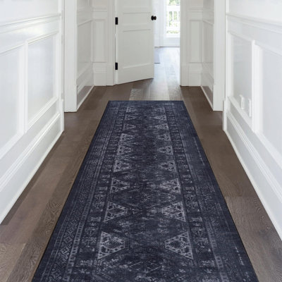 2'6"x 10'Black+Gray Washable Area Rug