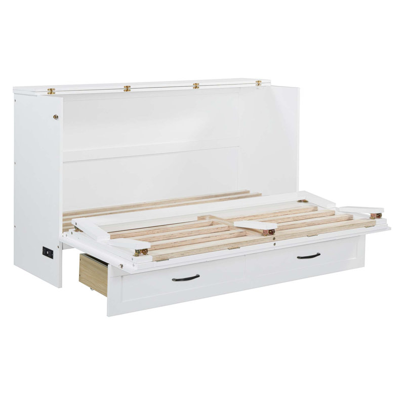 Grand lit escamotable avec grands tiroirs, blanc, Blanc, Grand lit