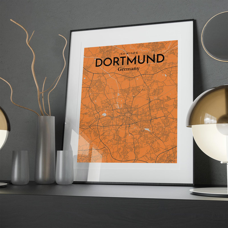 Dortmund City Map In Orange - No Frame Print, 20cm H x 16cm W x 0.05cm D