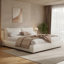 Très grand lit plateforme tapissier avec deux coussins amovibles, tissu Boucle, blanc