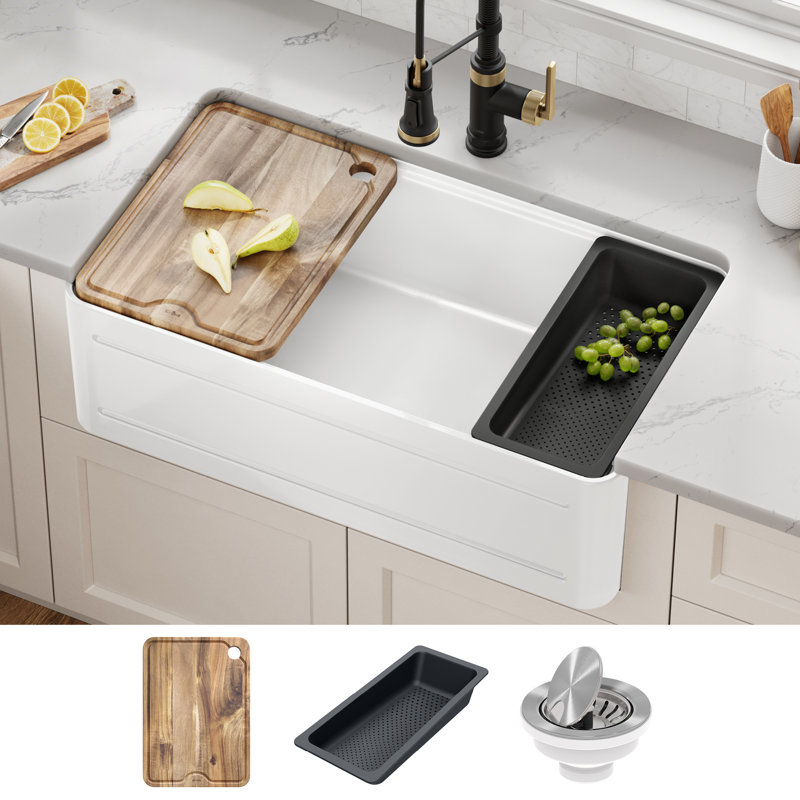 KRAUS Turino™ Workstation 33" L Farmhouse Reversible Apron Front Fireclay Single Bowl Kitchen Sink