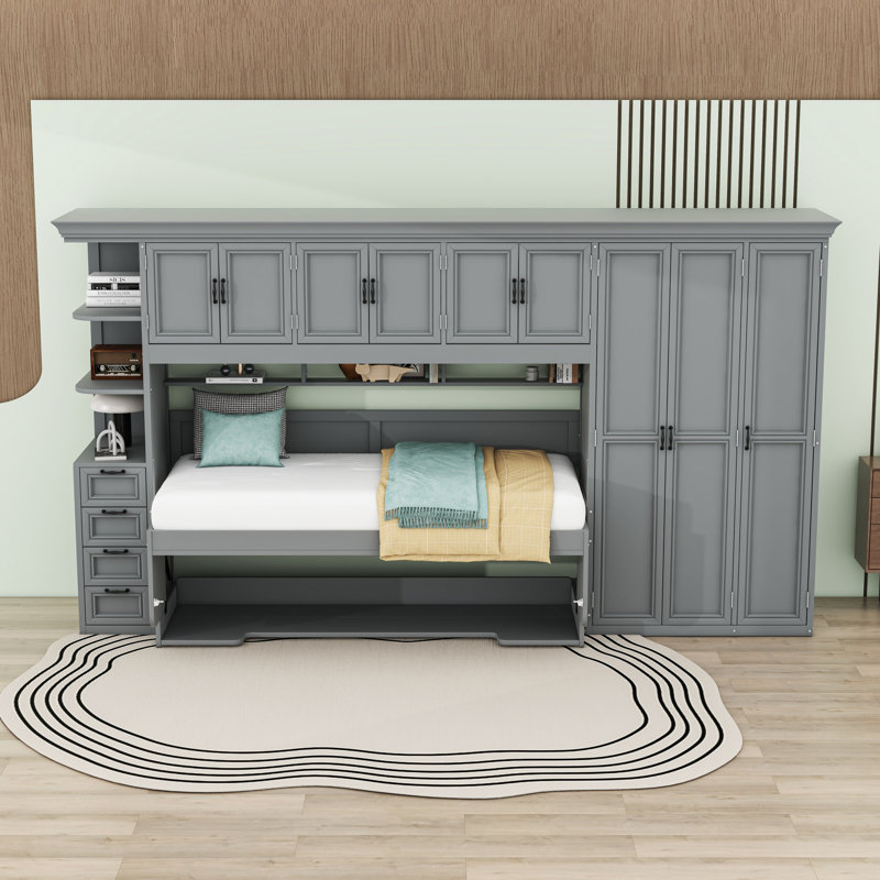 Lit escamotable avec armoire, bureau, armoire et tiroirs de rangement, gris