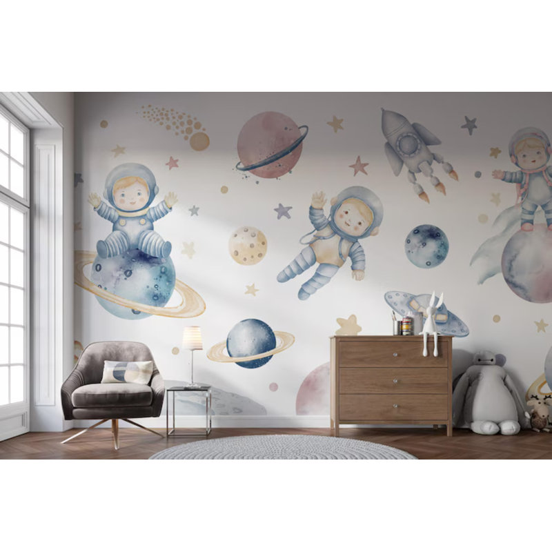 Papier peint espace enfants, aquarelle, 106" L x 138" W