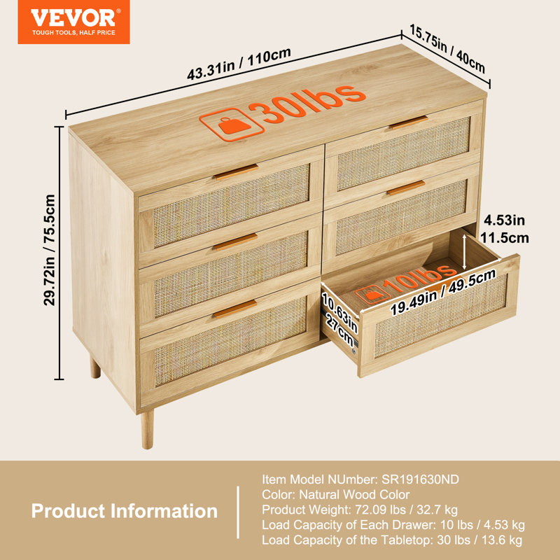 Commode 6 tiroirs en rotin, commode Boho, commode en rotin avec rangement spacieux, commode en rotin, Naturel
