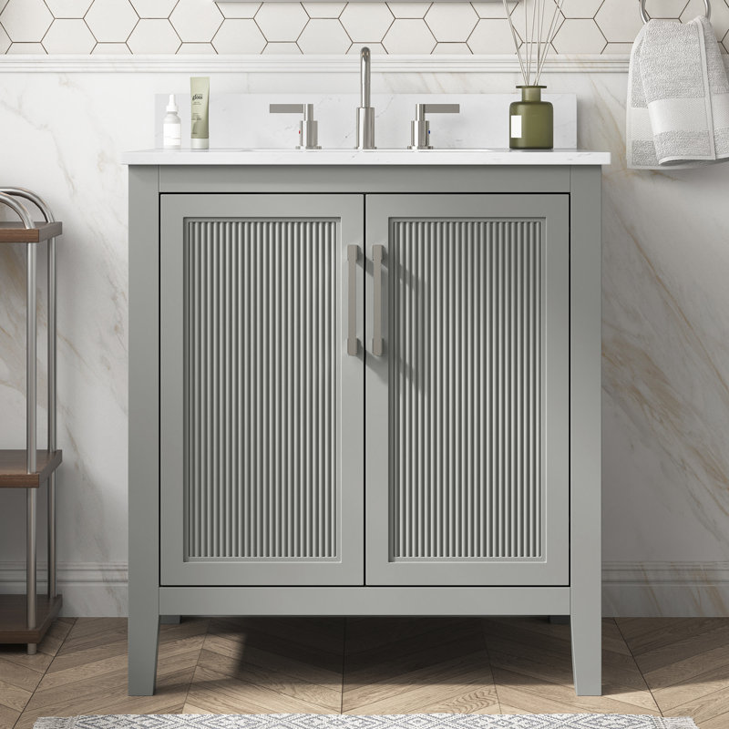 Meuble-lavabo autoportant transitionnel gris 30 po Piano avec comptoir en quartz et lavabo simple