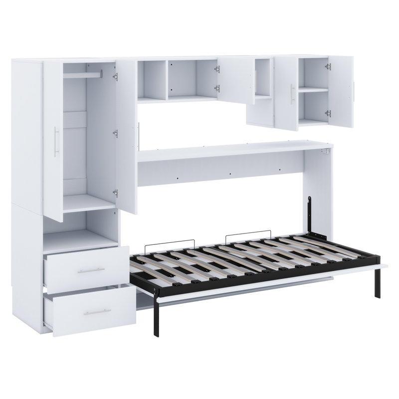 Murphy Bed With Open Shelves And Storage Drawers,Built-In Wardrobe And Table