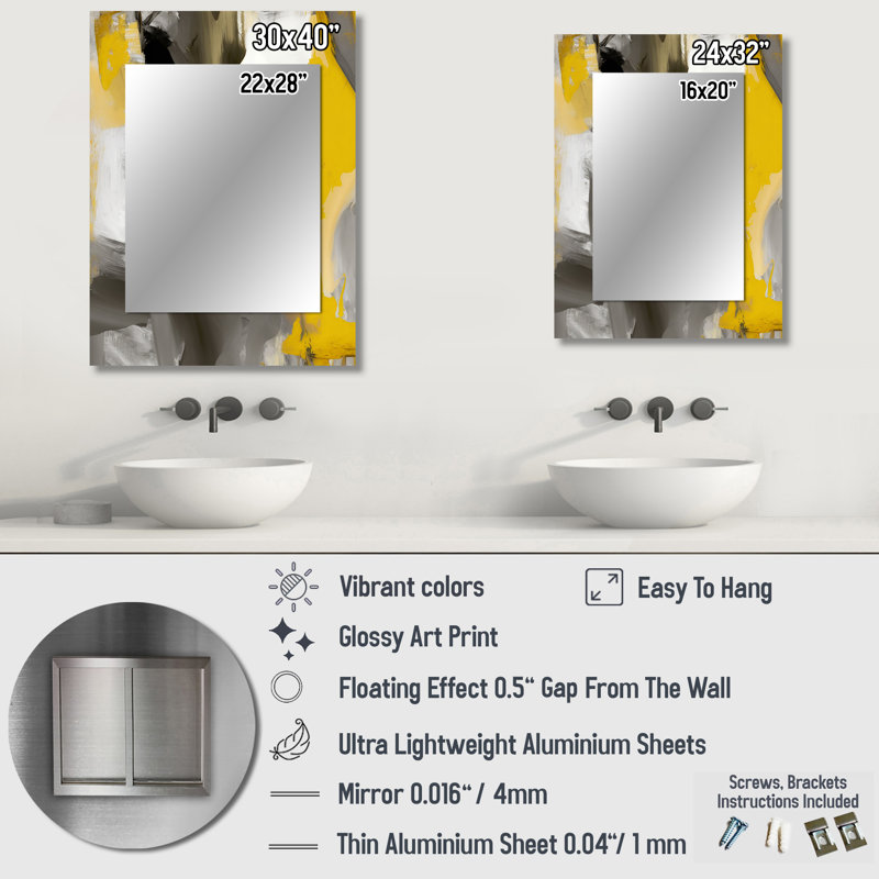 Mustard Yellow And Vivid Gray II - Abstract Mirror, Modern Decorative Wall Mirror, Printed Metal Art, 32" x 24"