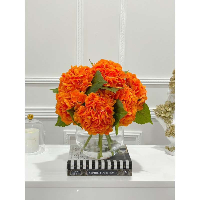 Large Fall Orange Hydrangeas In Glass Vase - Faux Floral Arrangement For Home Decor