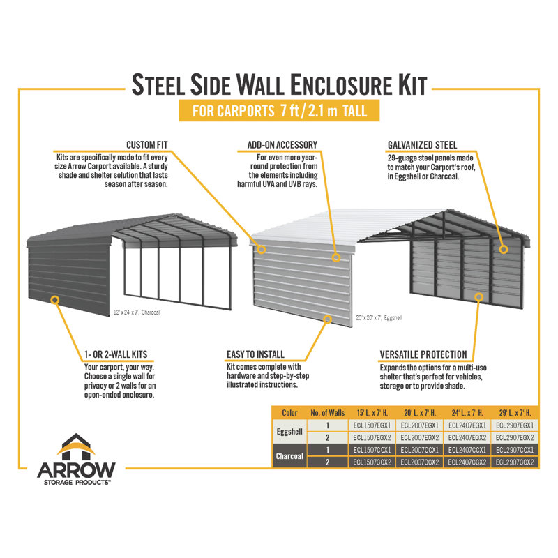 Steel Carport With 2 Side Wall Kits, 20X20X7, White, 9'10" H x 20'3" W x 19'3" D