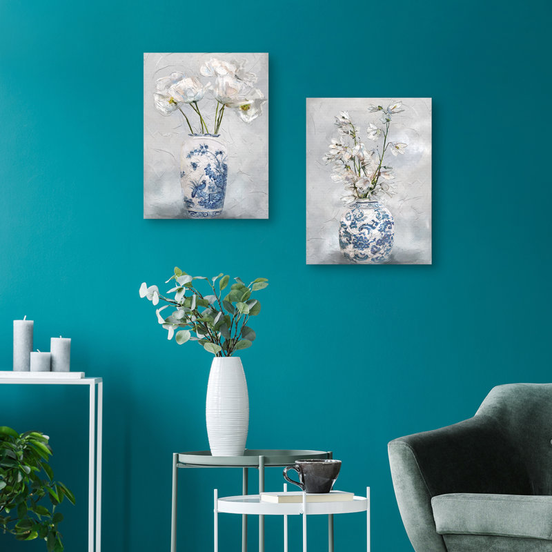 Elegant Blue and White Chinoiserie Floral Canvas Wall Art Set