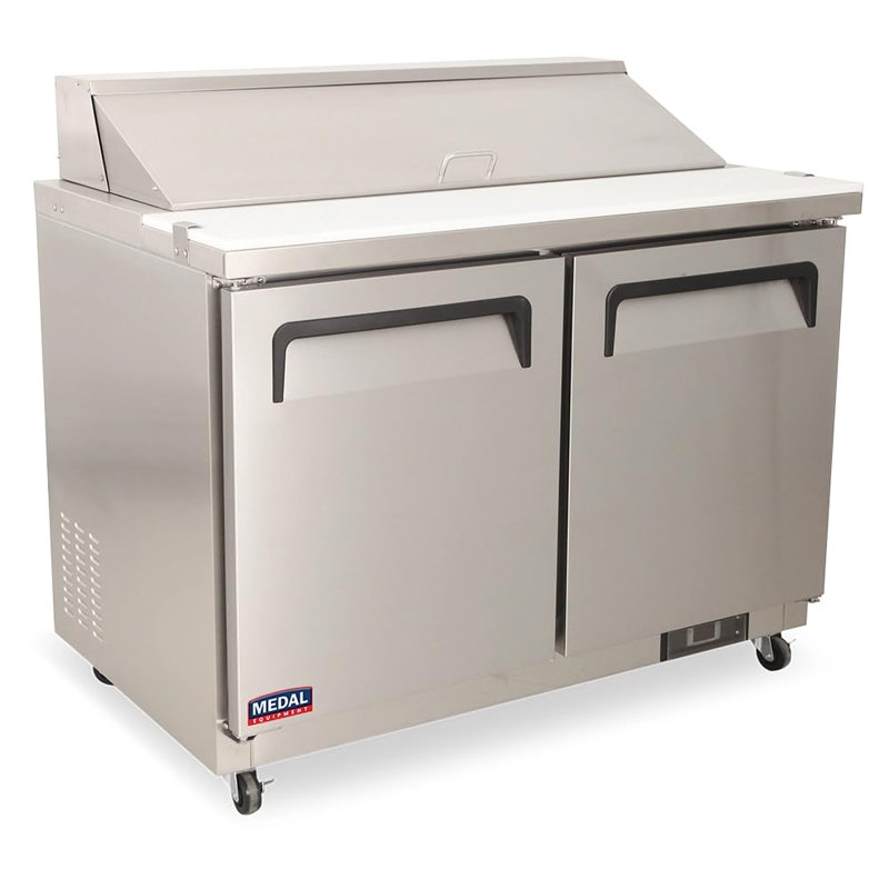 Table de préparation pour sandwich / salade commerciale de 48 po Medal Équipement | 2 portes solides en acier inoxydable capacité de 12 pieds cubes 12 casseroles | Garantie de 5 ans sur les compresseurs Nsf 33 ° f-41 ° f R290