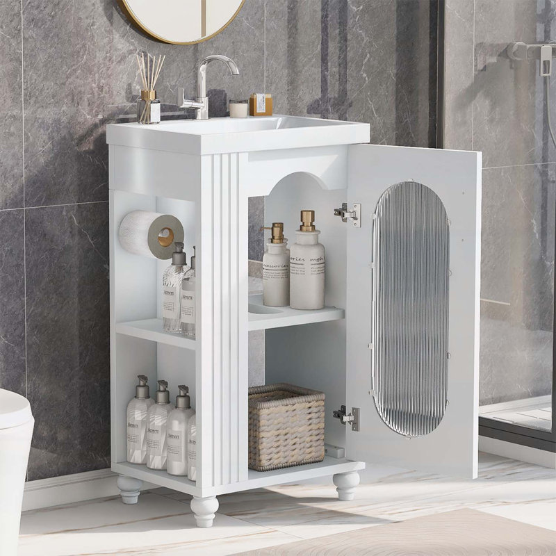 Meuble-lavabo de 20 pouces avec lavabo, tablette réglable et rangement à deux niveaux, Blanc