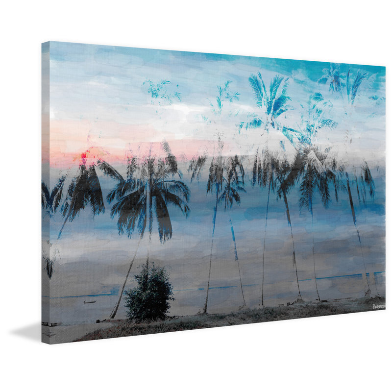 «Blue Palms» par Parvez Taj - peinture sur toile tendue, H 24 po x l 36 po x P 1,5 po