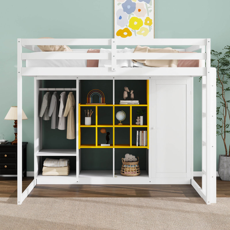 Lit mezzanine en bois pleine grandeur avec garde-robe, tablettes et armoire, échelle réversible, étagères multicouches et garde-corps doubles