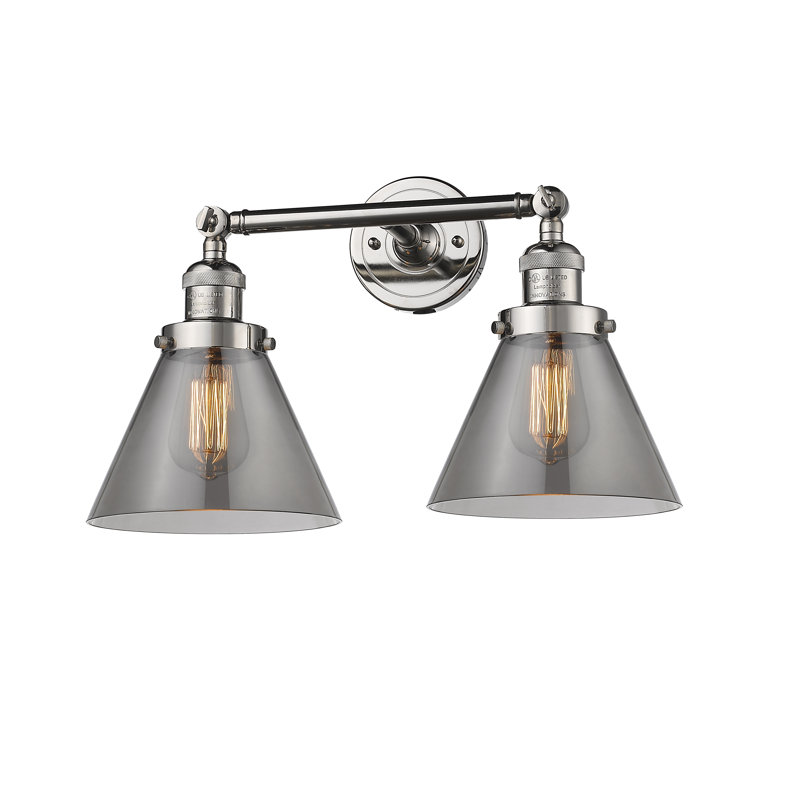 Cone 2 Light Bath Vanity Light, Smoked, 6 Watt Vinage LED Bulb, Polished Nickel