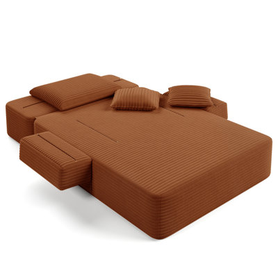 Luxueuse chaise longue en velours côtelé moelleux avec 3 coussins, canapé-lit convertible avec poche de rangement, conception sans cadre et mousse de compression pour les petits espaces, salon, appartement