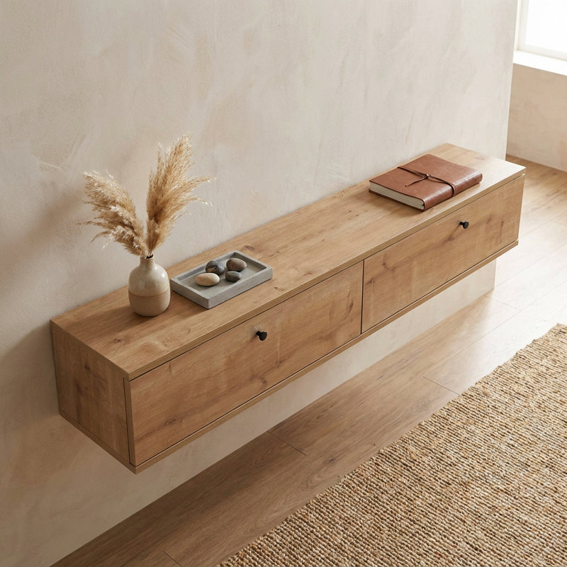 Meuble télé suspendu moderne et minimaliste en chêne saphir avec deux tiroirs (63,0'' L x 9,8'' P x 9,8'' H), Sapphire Oak