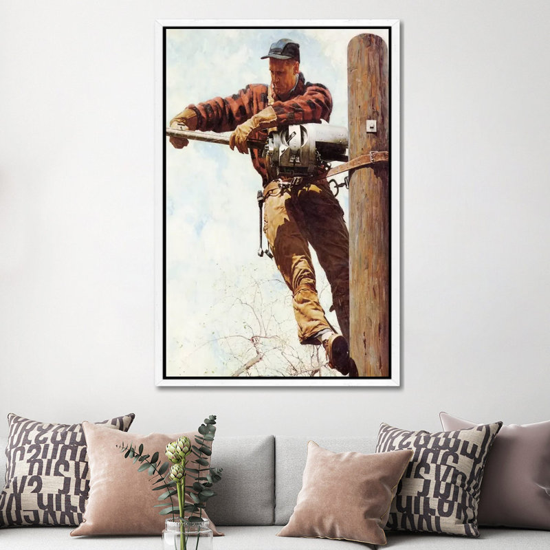 The Lineman by Norman Rockwell - Painting on Canvas, White Framed, 152.5 cm H x 101.5 cm W