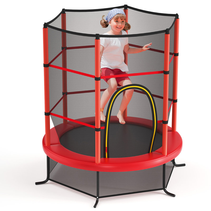 55" Red Round Kids' Trampoline with Safety Enclosure