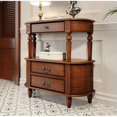Vintage Curved Console Table with 3 Drawers & Open Shelf