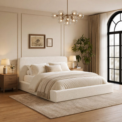 Cloud‑Style Upholstered Platform Bed Frame with Boucle Headboard, 5‑Inch Plush Foam Padding, Curved Design, Heavy‑Duty Metal Slats, Hidden Hook‑and‑Loop, No Box Spring Needed, Easy Assembly