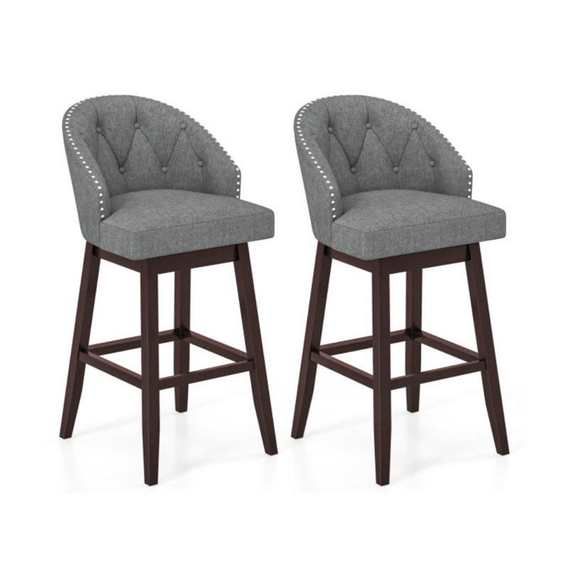 Ensemble de 2 tabourets de bar pivotants avec pieds en bois d'hévéa et dossier rembourré, Gris