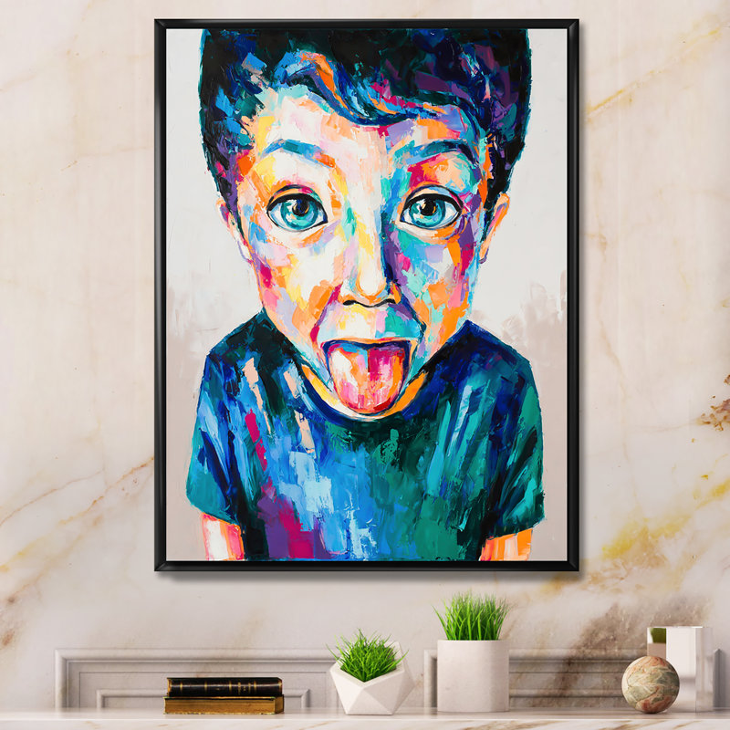 «Cute Kid Portrait on Stroke Paint II» - Peinture, H 32 po x l 16 po x P 1 po, Cadre flottant noir
