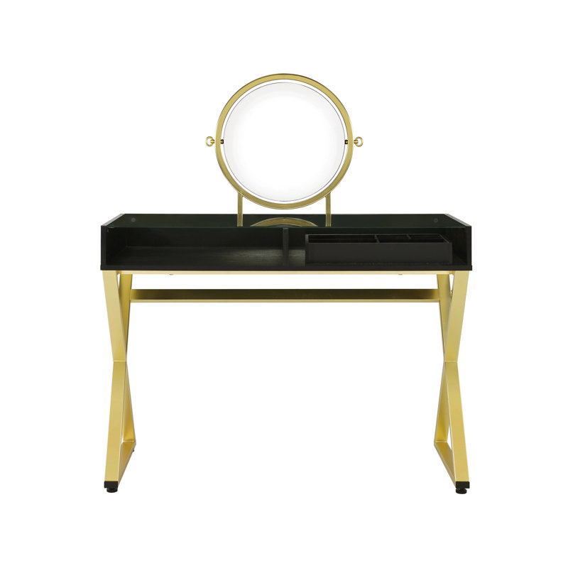 Black & Gold Vanity Desk Featuring Metal Frame, Mirror, Jewelry Tray And 2 Drawers, 50 Inches Tall Quality Aspect With Included Storage Units, 42W X 19D Size Characteristic