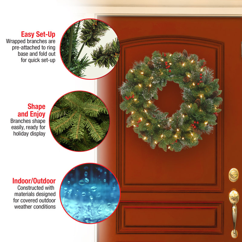 30'' Green Pre-Lit Artificial Christmas Wreath with Pine Cones and Berries