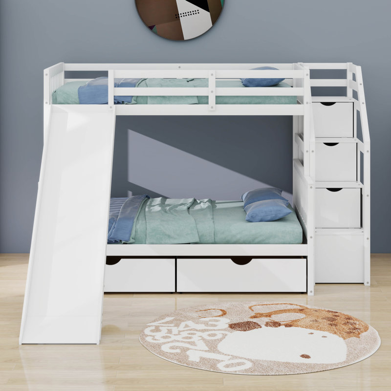 Twin Over Full Wood Bunk Bed With Slide,Stairs,And Storage Drawers, White