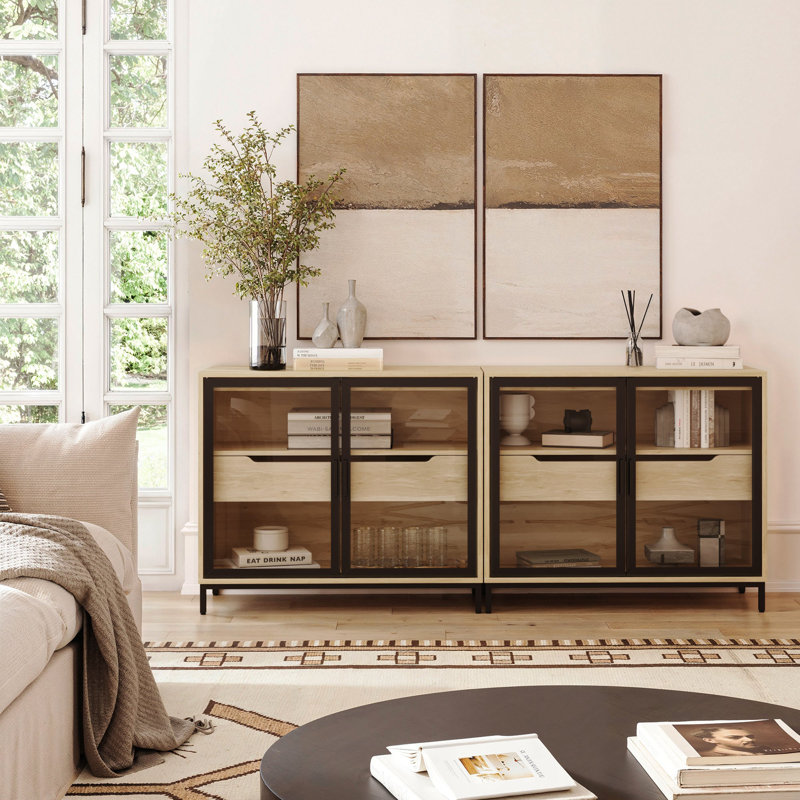 Metal And Glasss Sideboard Accent Cabinet Credenza, 31" H x 74" W x 16" D, 2