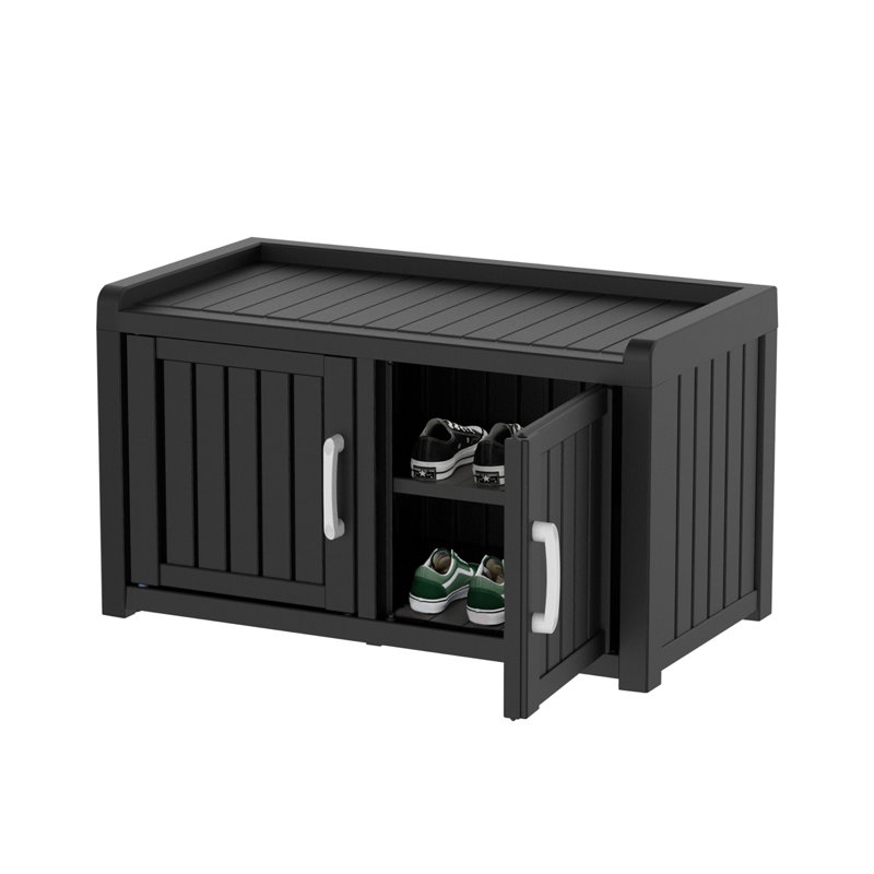 47" Outdoor Shoe Storage Cabinet With 2 Doors, Waterproof Uv-Resistant Resin Bench, Black, 17.91" H x 47" W x 17.32" D
