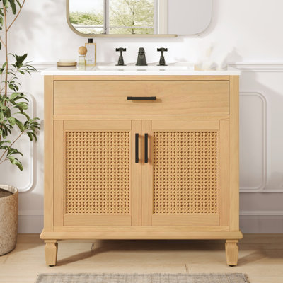 Armoire de salle de bain autoportante en rotin 36 po avec lavabo en céramique avec portes et tiroirs à fermeture en douceur, pieds en bois massif