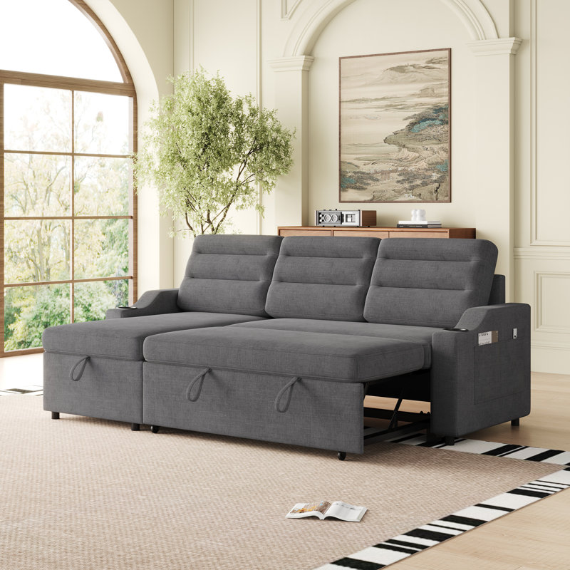 Canapé-lit convertible avec méridienne réversible Sylvanis, Tissu gris foncé